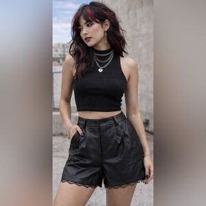 Ci Sono Black Faux Leather Lace Trim Shorts High Waisted Pleated Y2K Large NWT